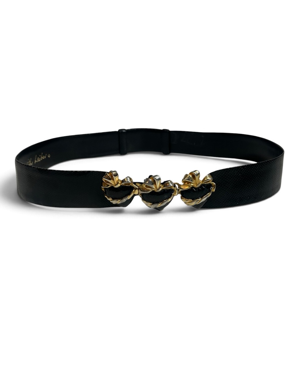 Judith Leiber Vintage leather Snakeskin  Black Belt with Gold Heart Accents